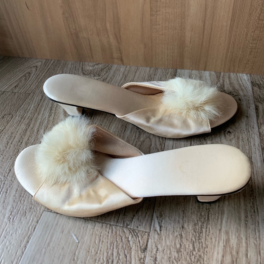 Vintage satin slippers with poms